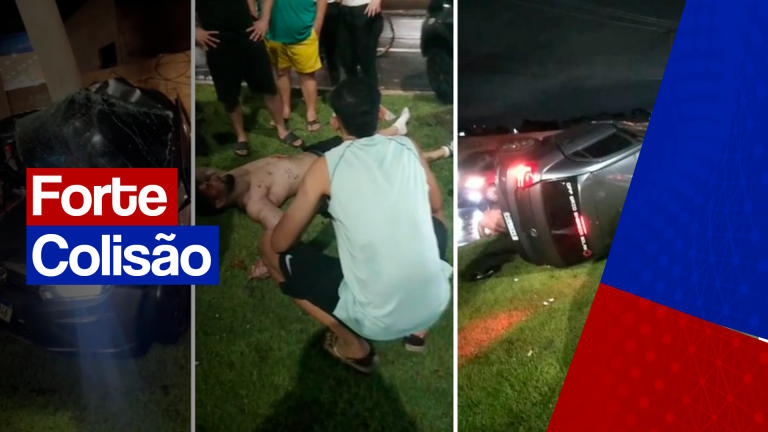 Poste cai sobre carro após forte colisão na Avenida do Araçagy em São Luís