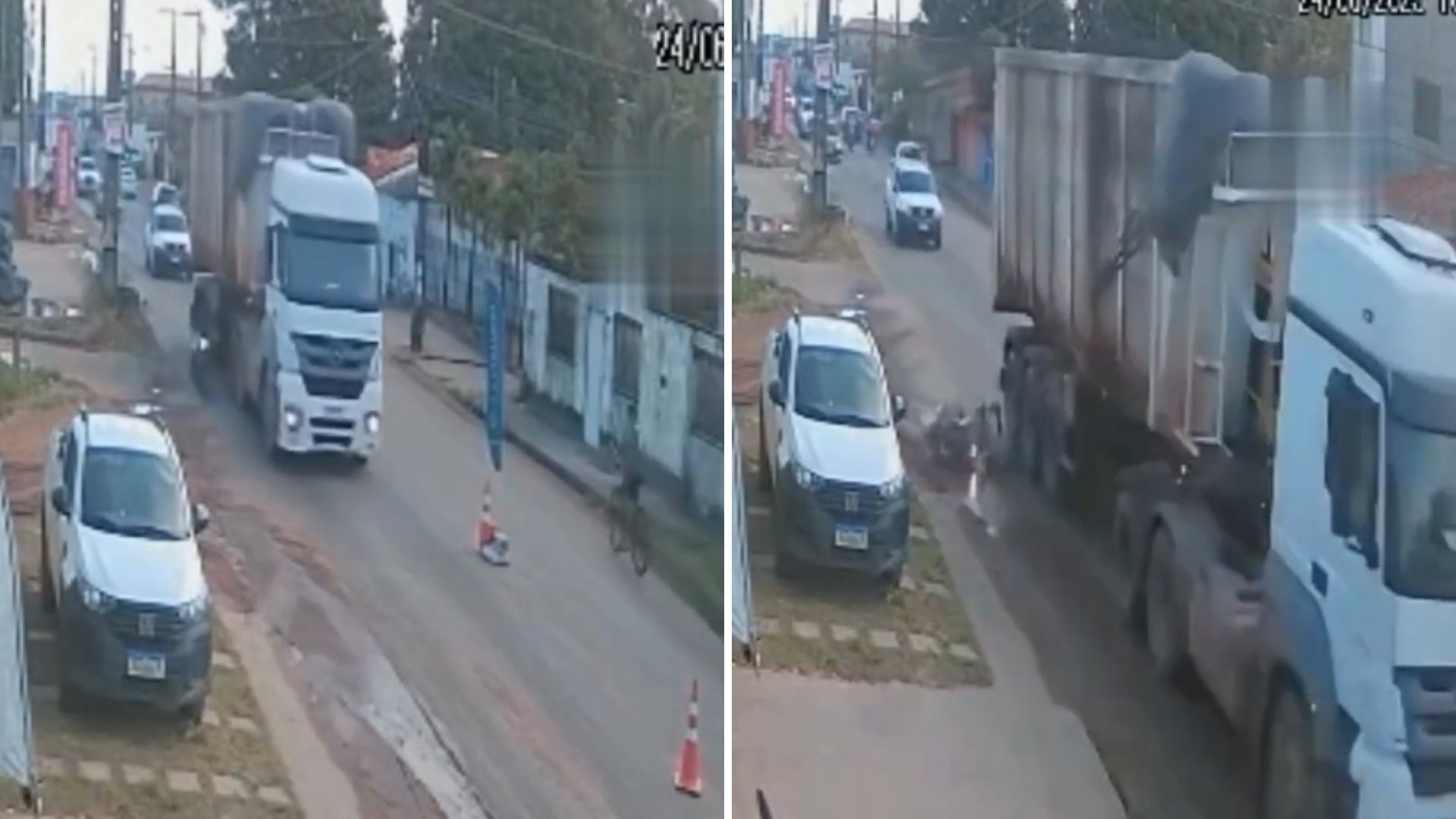 VÍDEO: Motociclista tenta ultrapassagem e é esmagado por caçamba