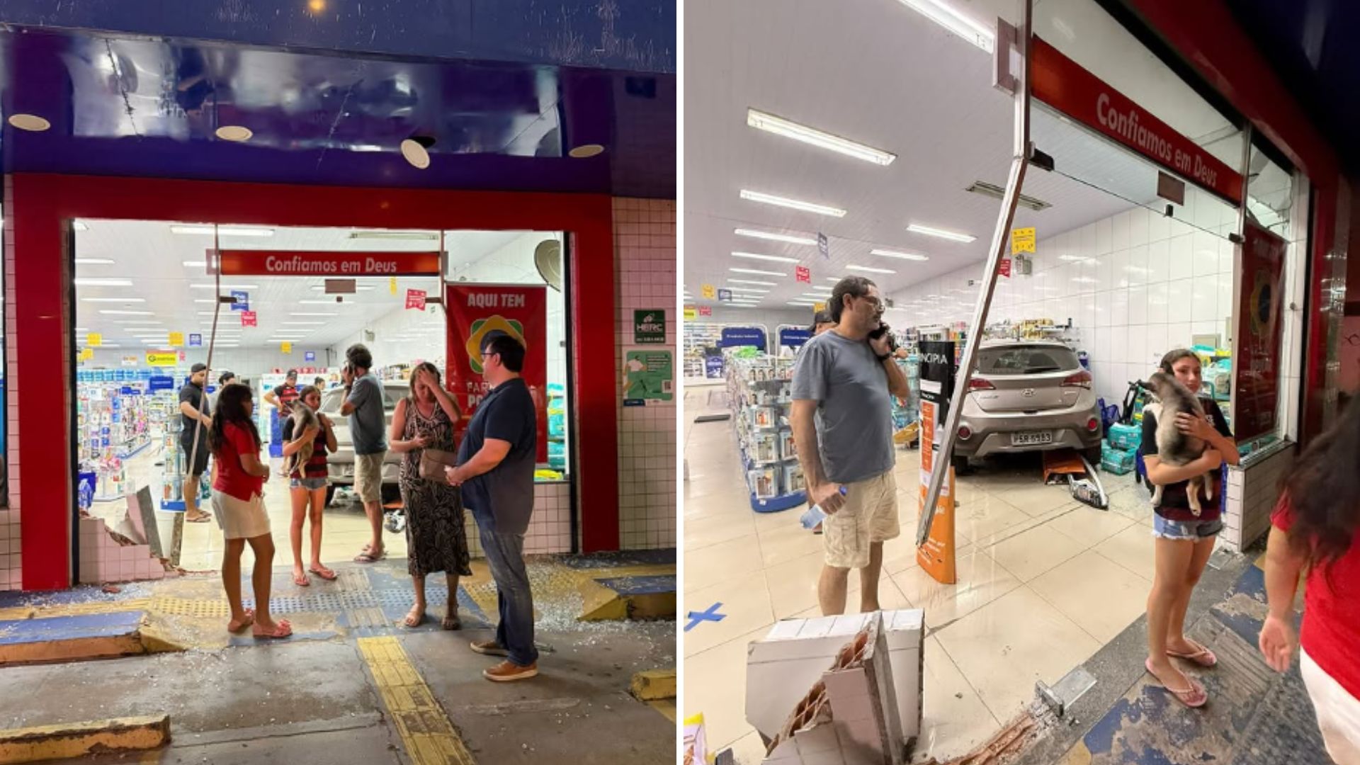 Carro desgovernado invade farmácia e deixa uma pessoa ferida