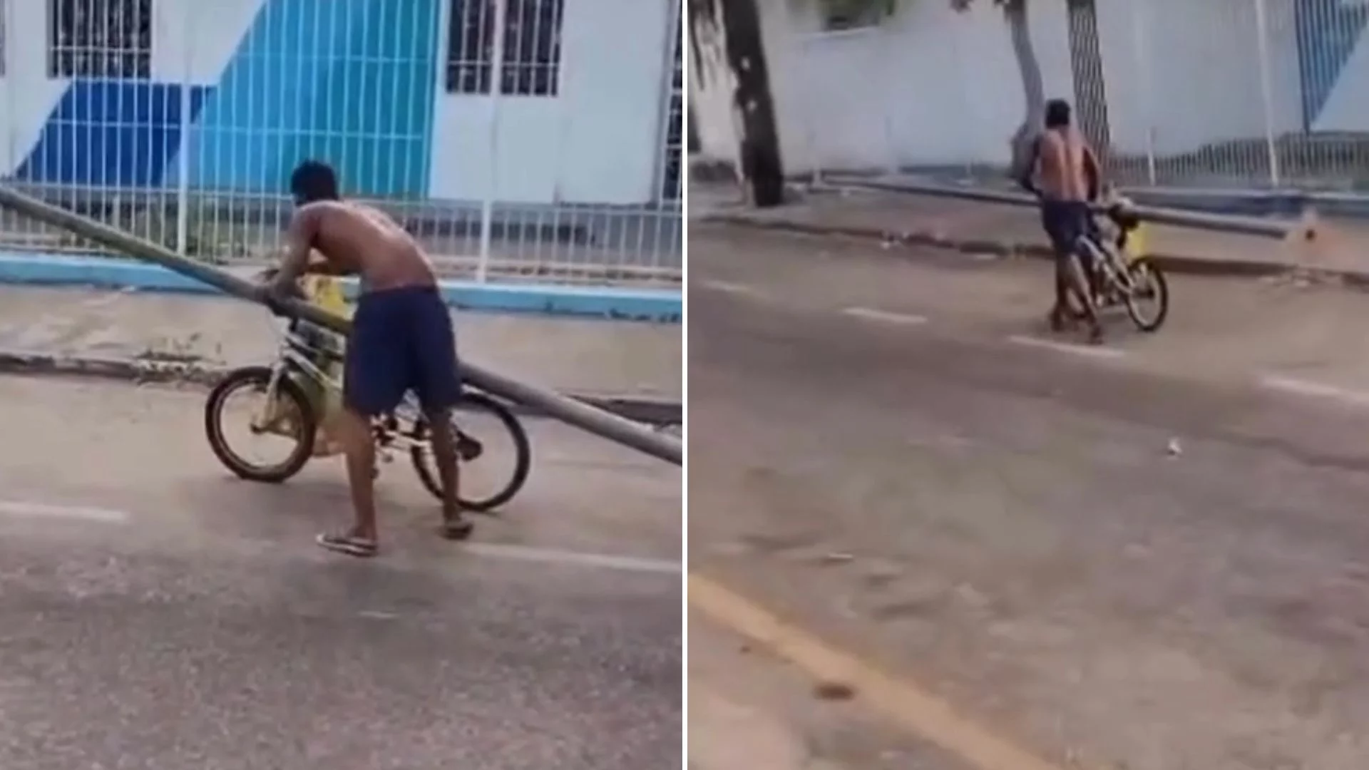 VÍDEO: Homem é flagrado carregando poste em bicicleta