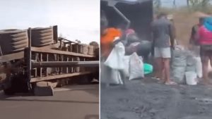 VÍDEO: Carreta tomba e carga é saqueada na BR-222