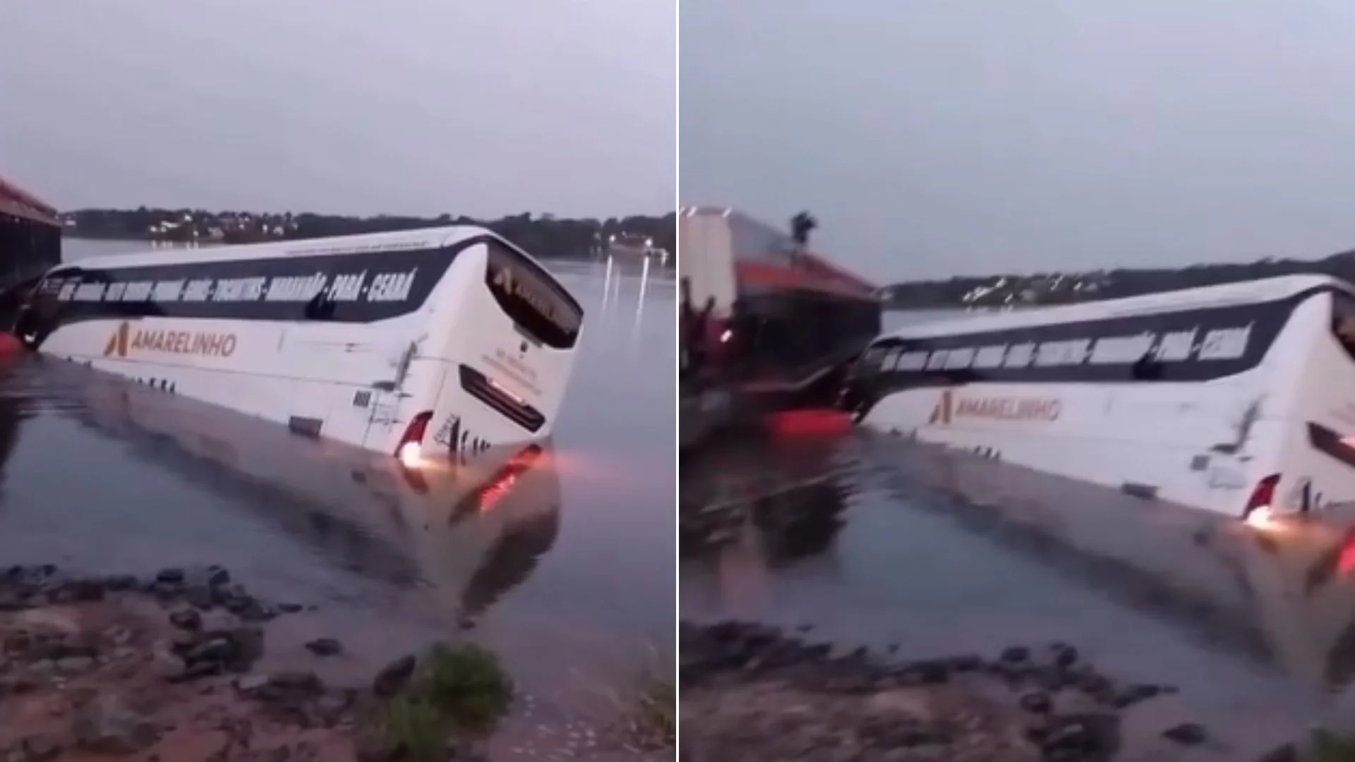 VÍDEO: Ônibus cai em rio ao tentar fazer travessia para o Maranhão