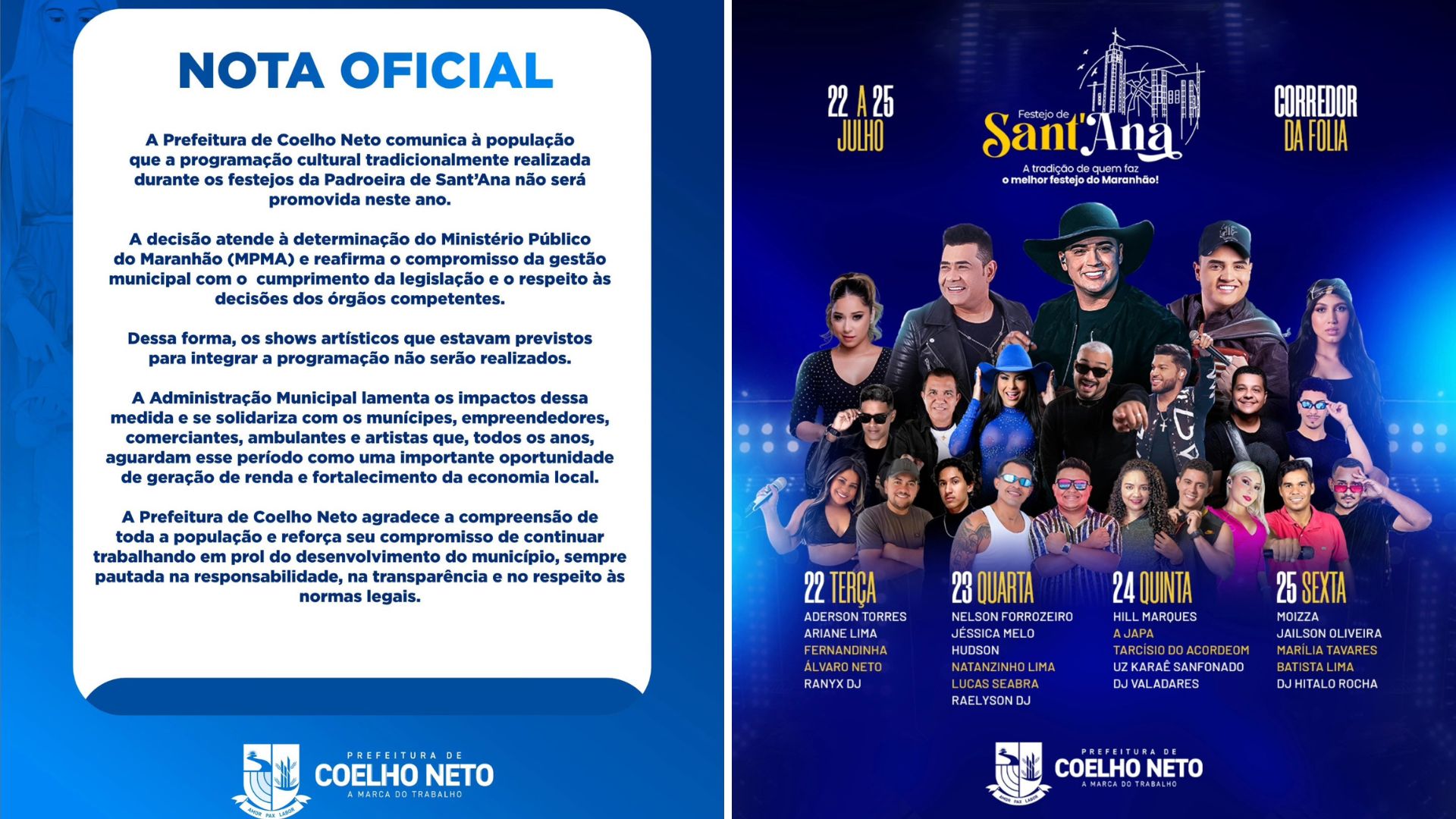 Prefeitura cancela shows dos festejos de Sant’Ana em Coelho Neto
