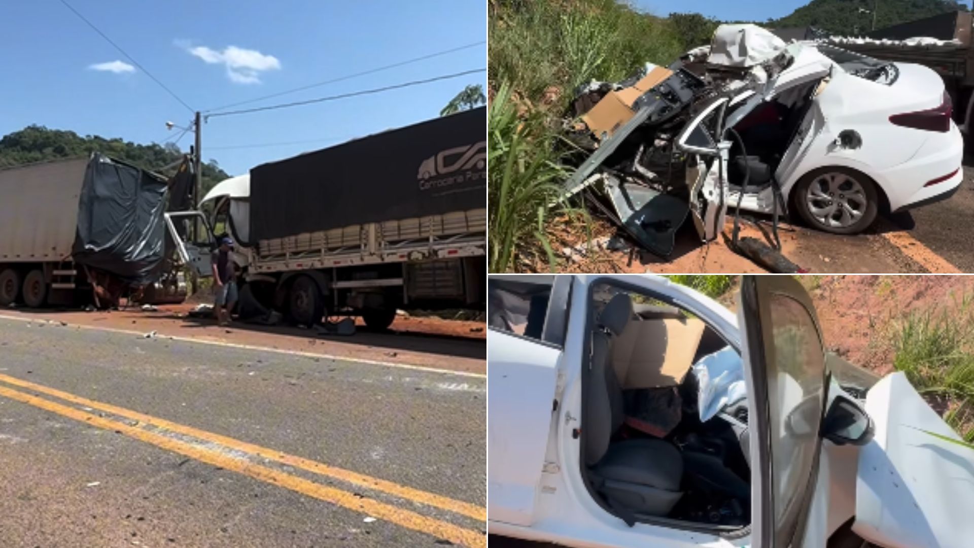 VÍDEO: Acidente entre dois caminhões e carro deixa uma pessoa morta na BR-222