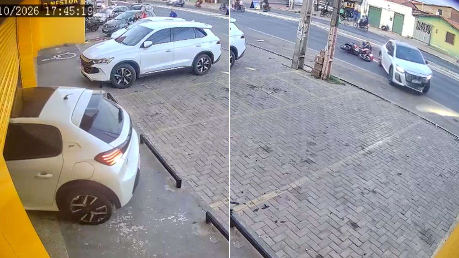 VÍDEO: Mulher perde controle de carro, derruba motociclista e bate em loja na BR-316